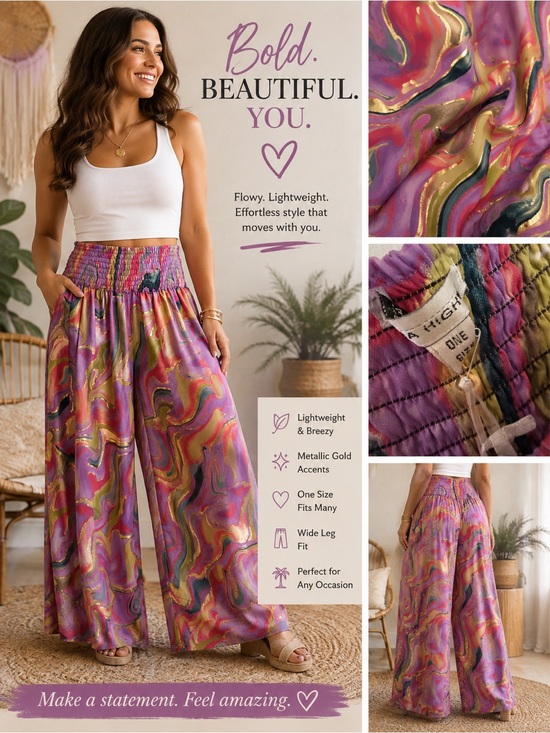 Karma Highway Dresses & Skirts - Karma Highway wide Leg Pants Size S Purple Pink Marble Print